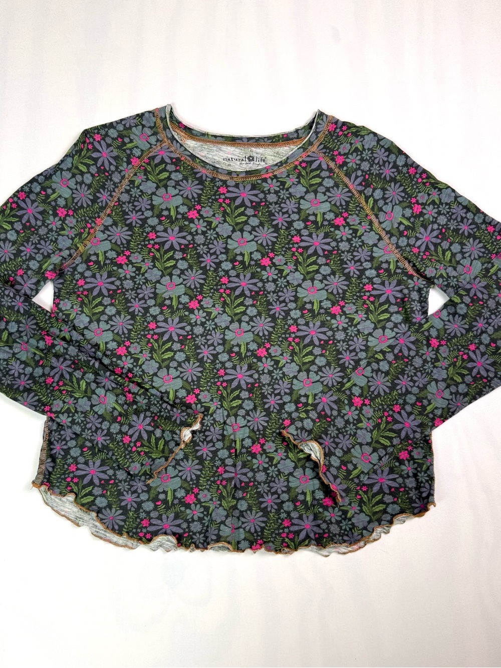 Natural Life Womens Large Floral Thermal Long Sleeve Boho Lettuce Hem Top